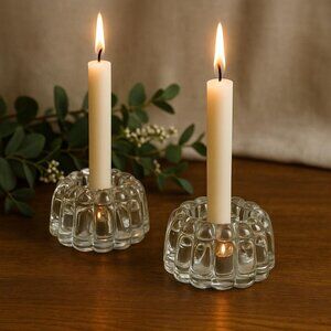 Set of 2 Heavy Clear Glass Candle Holders – Vintage Flower Frog Style